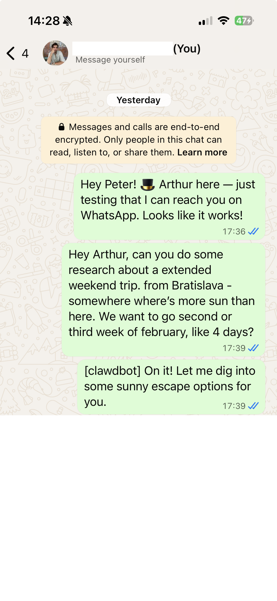 First message from Arthur in WhatsApp